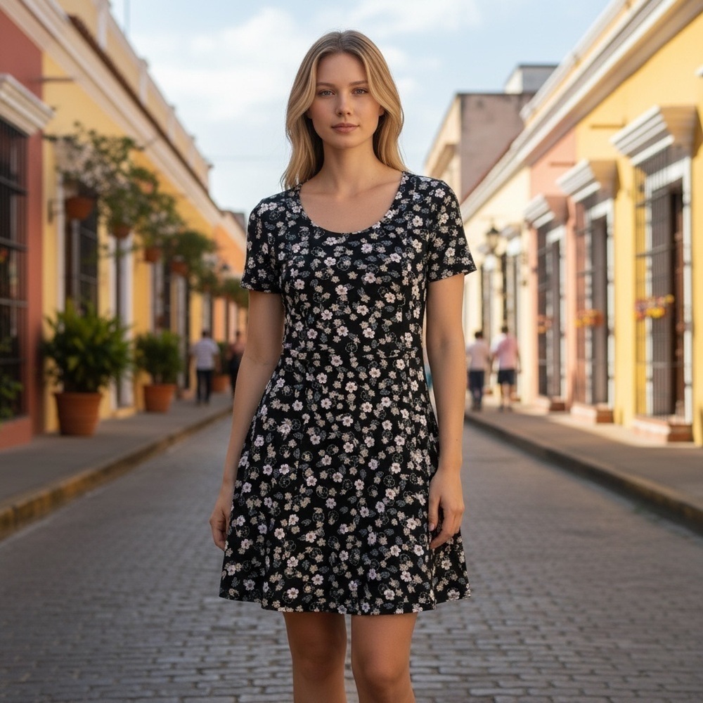 Junior's XL Black Floral Rose Stretchy Flowy Short Sleeve Casual Pullover Dress